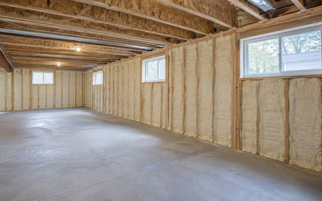Basement foundation walls covered in spray foam up to the floor joists in New Hamburg