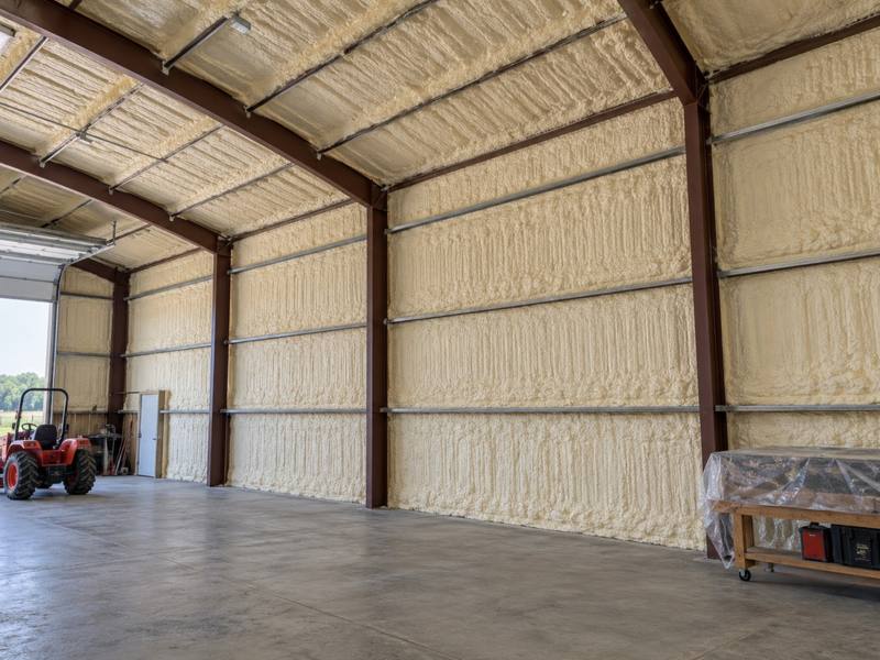 Farm workshop with spray foam on the walls and roof